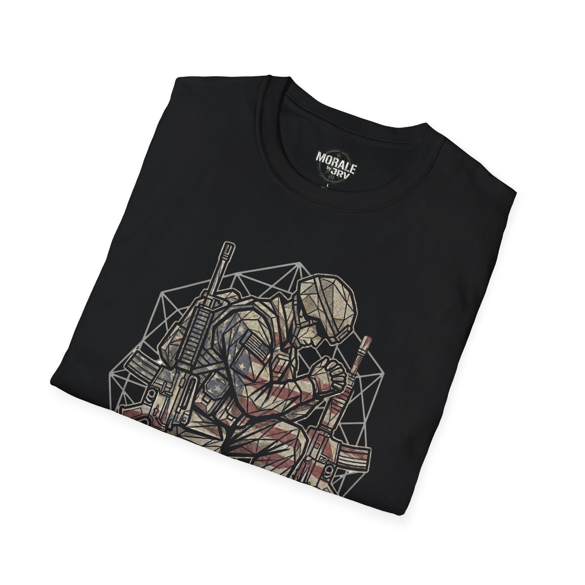 Praying soldier graphic close-up on black T-shirt, geometric style