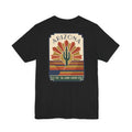 Black t-shirt with Arizona cactus art graphic in framed sunburst design