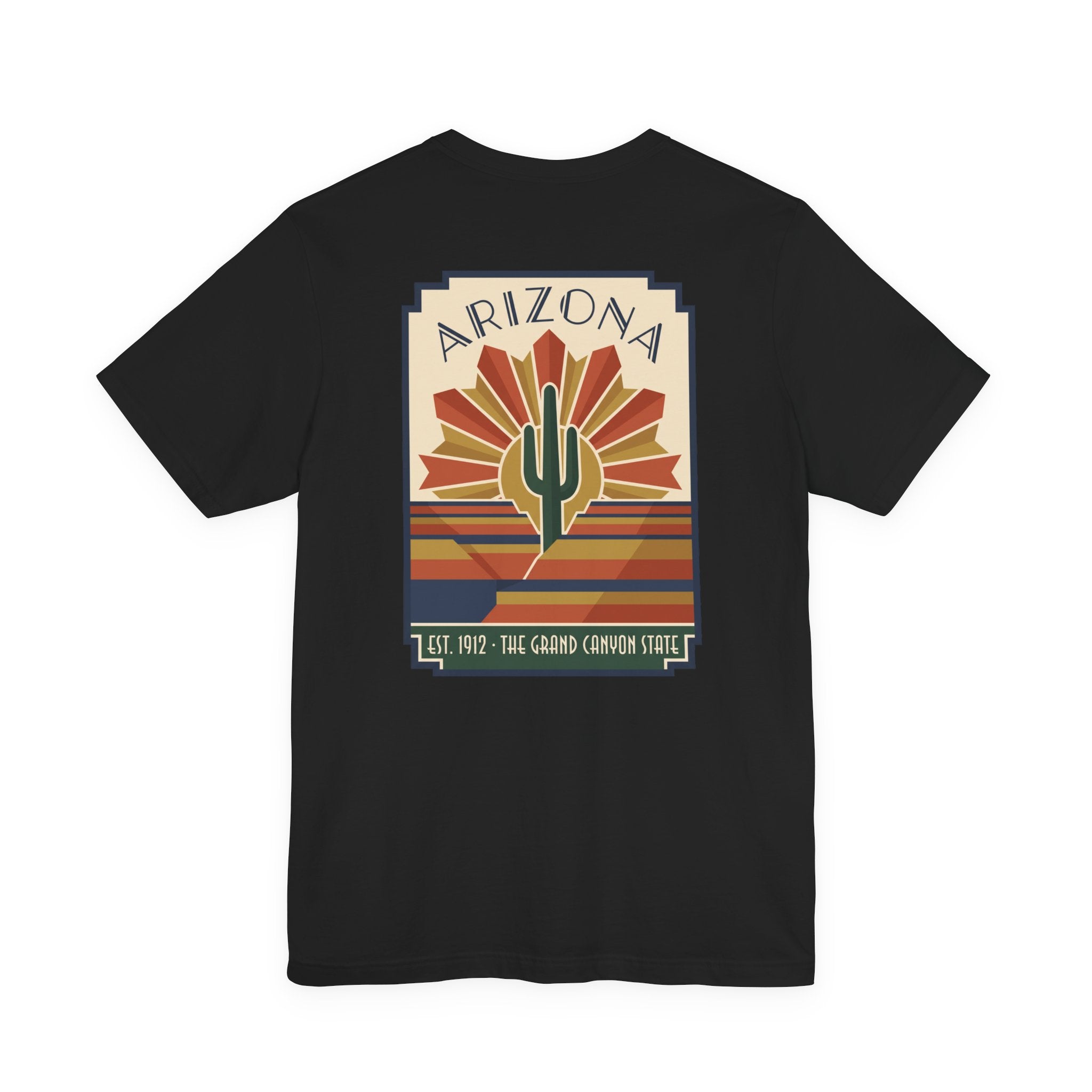 Black t-shirt with Arizona cactus art graphic in framed sunburst design