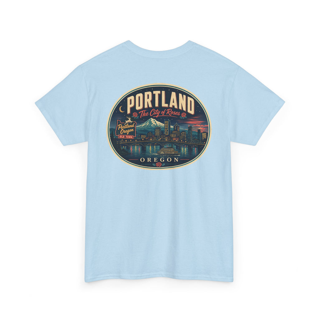 Light blue T-shirt with Portland Oregon round skyline badge graphic