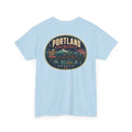 Light blue T-shirt with Portland Oregon round skyline badge graphic