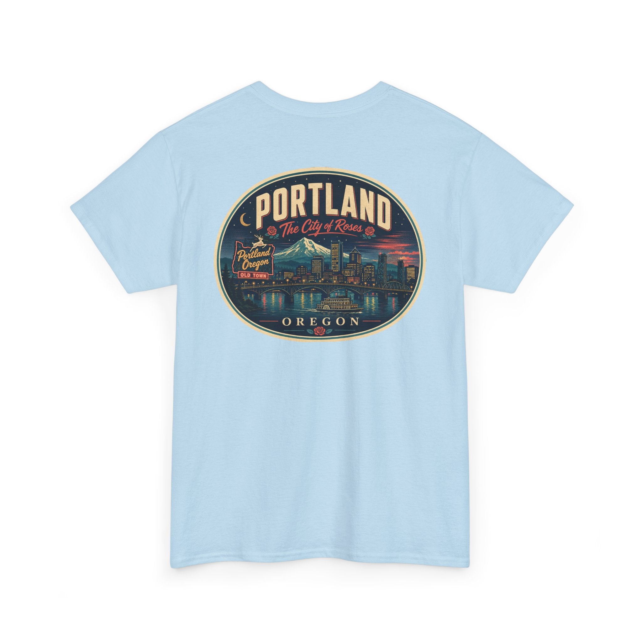 Light blue T-shirt with Portland Oregon round skyline badge graphic