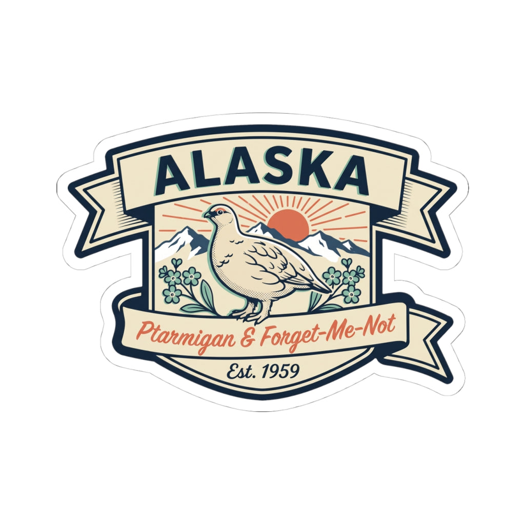 Die-cut Alaska badge sticker with ptarmigan bird over mountain and sunrise rays
