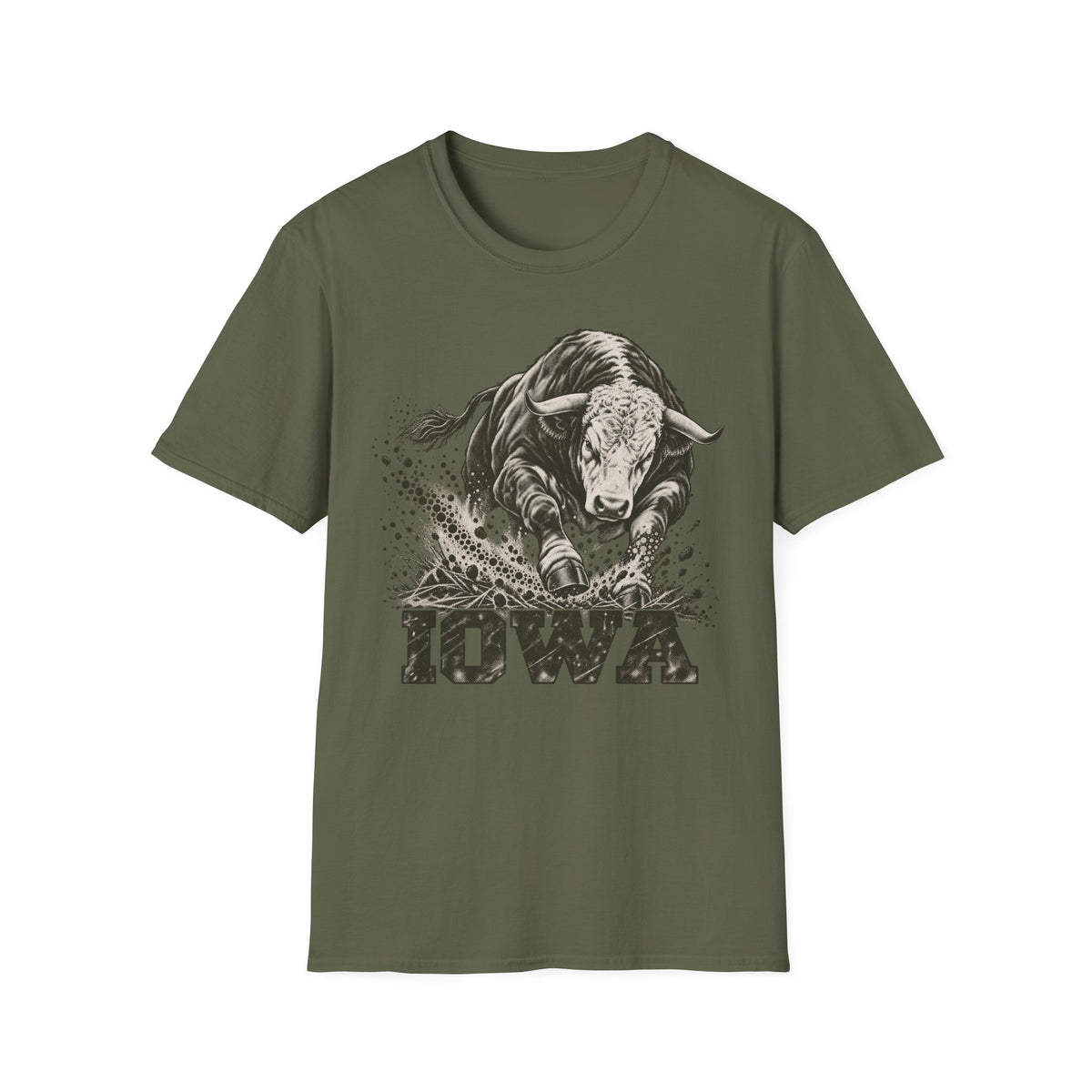 Olive green crewneck t-shirt with charging bull and Iowa graphic print on front