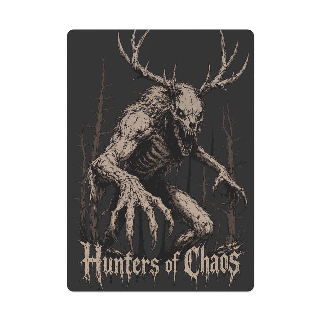 Hunters of Chaos poker card back with antlered skull and dark text