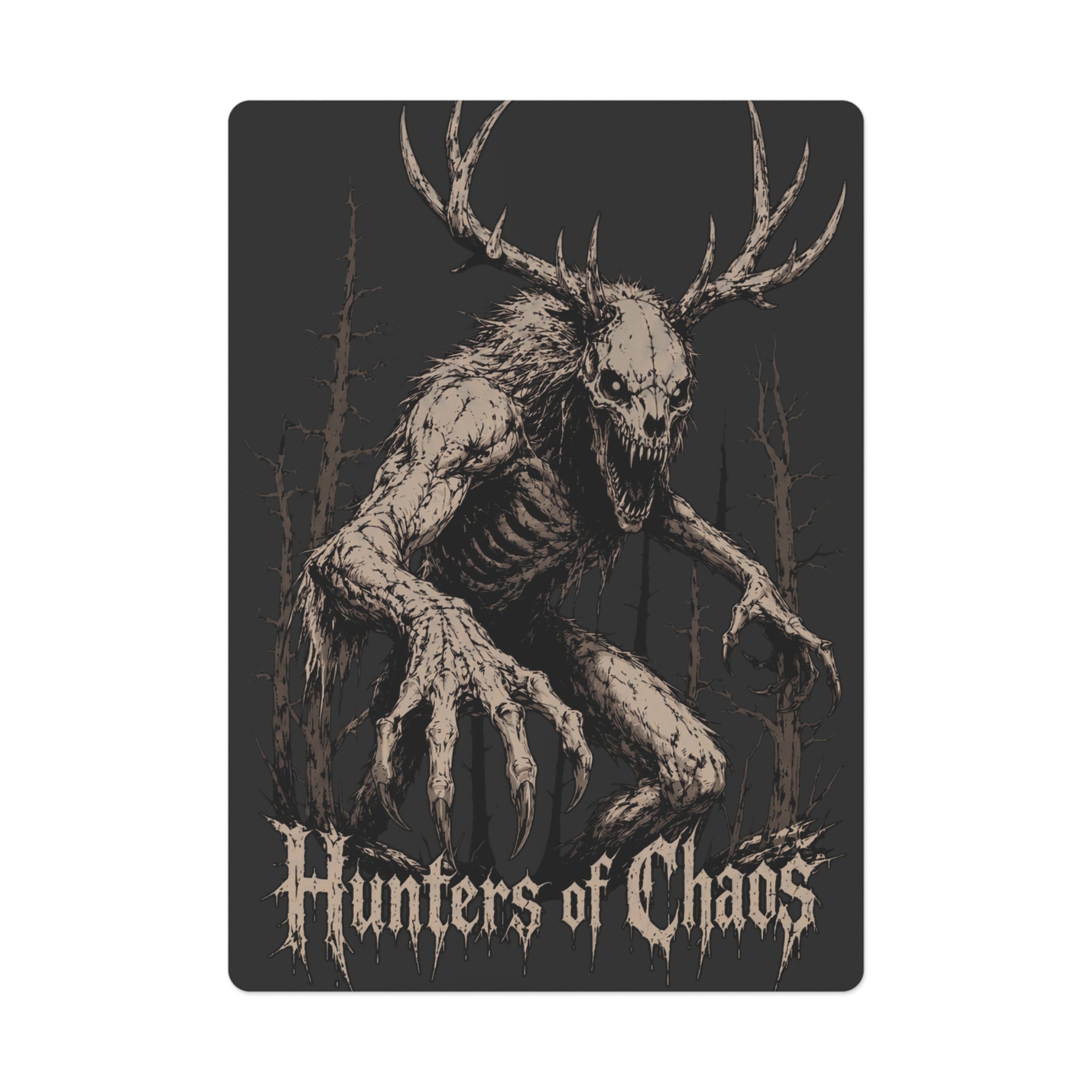 Hunters of Chaos poker card back with antlered skull and dark text