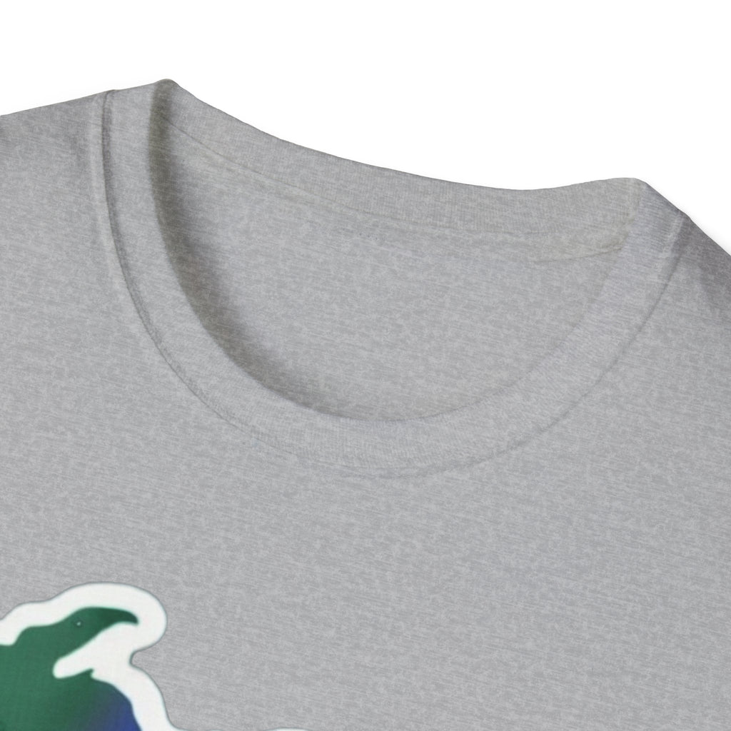 Heather gray T-shirt crew neckline close-up, no graphic visible
