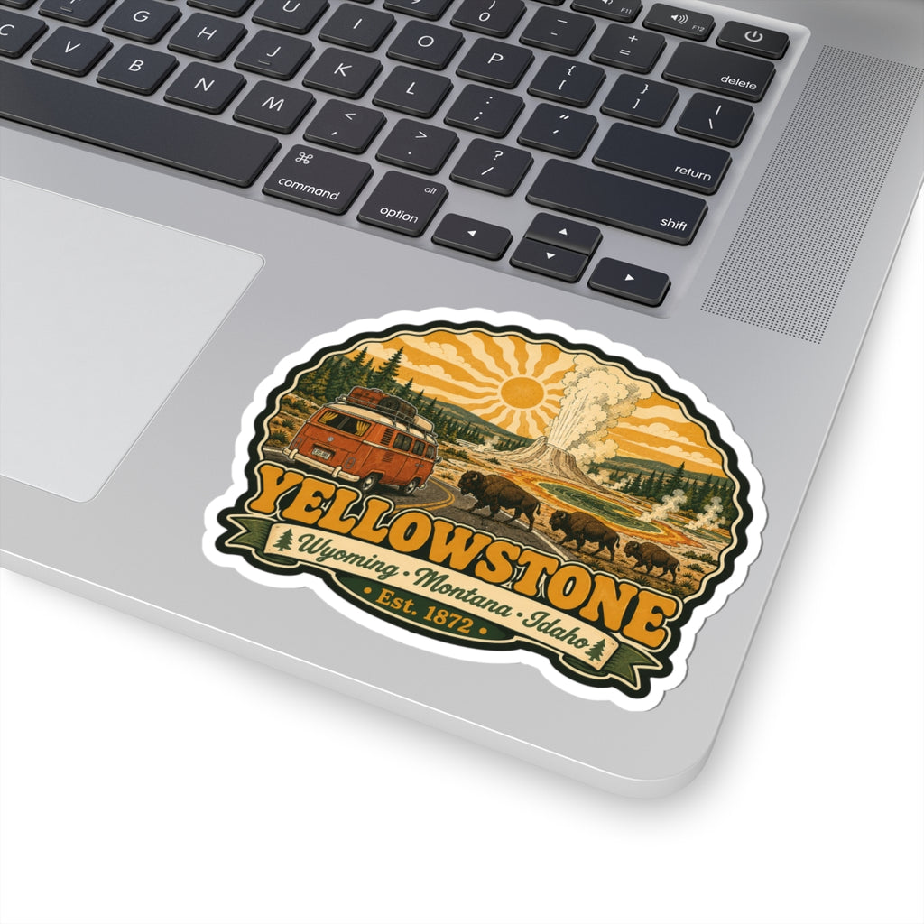 Yellowstone sticker with vintage bus, bison, geyser plume, and sun; Est. 1872 on badge