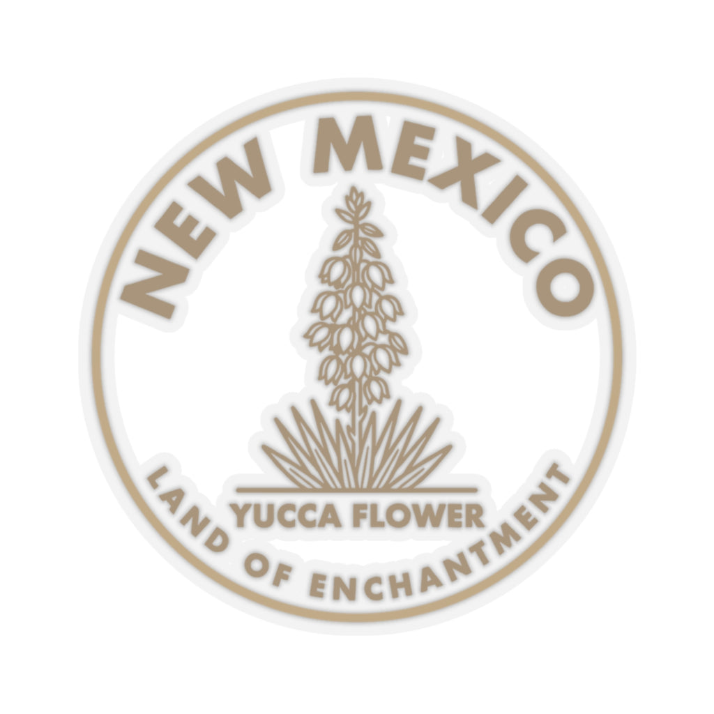 Round yucca flower state sticker decal with New Mexico seal, transparent vinyl