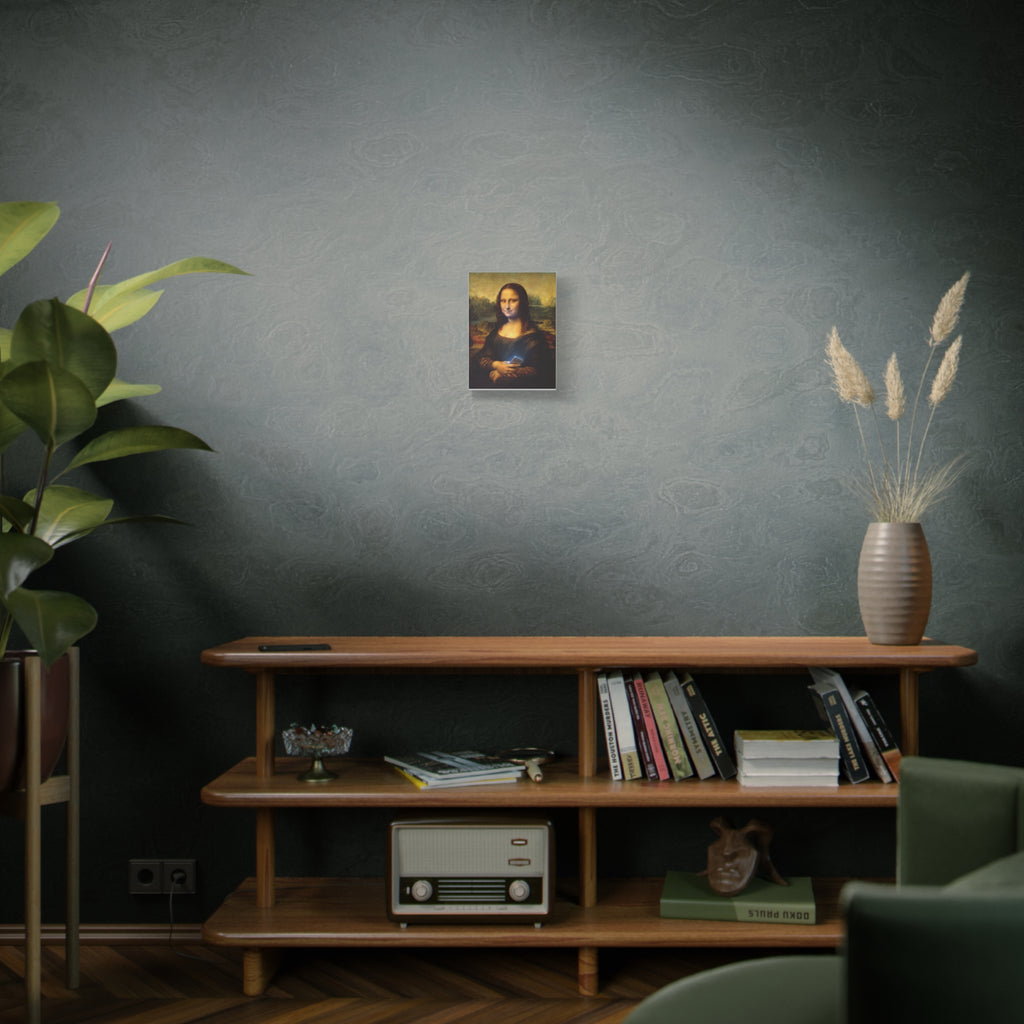 Small matte canvas wall art of Mona Lisa holding a glowing smartphone in a room