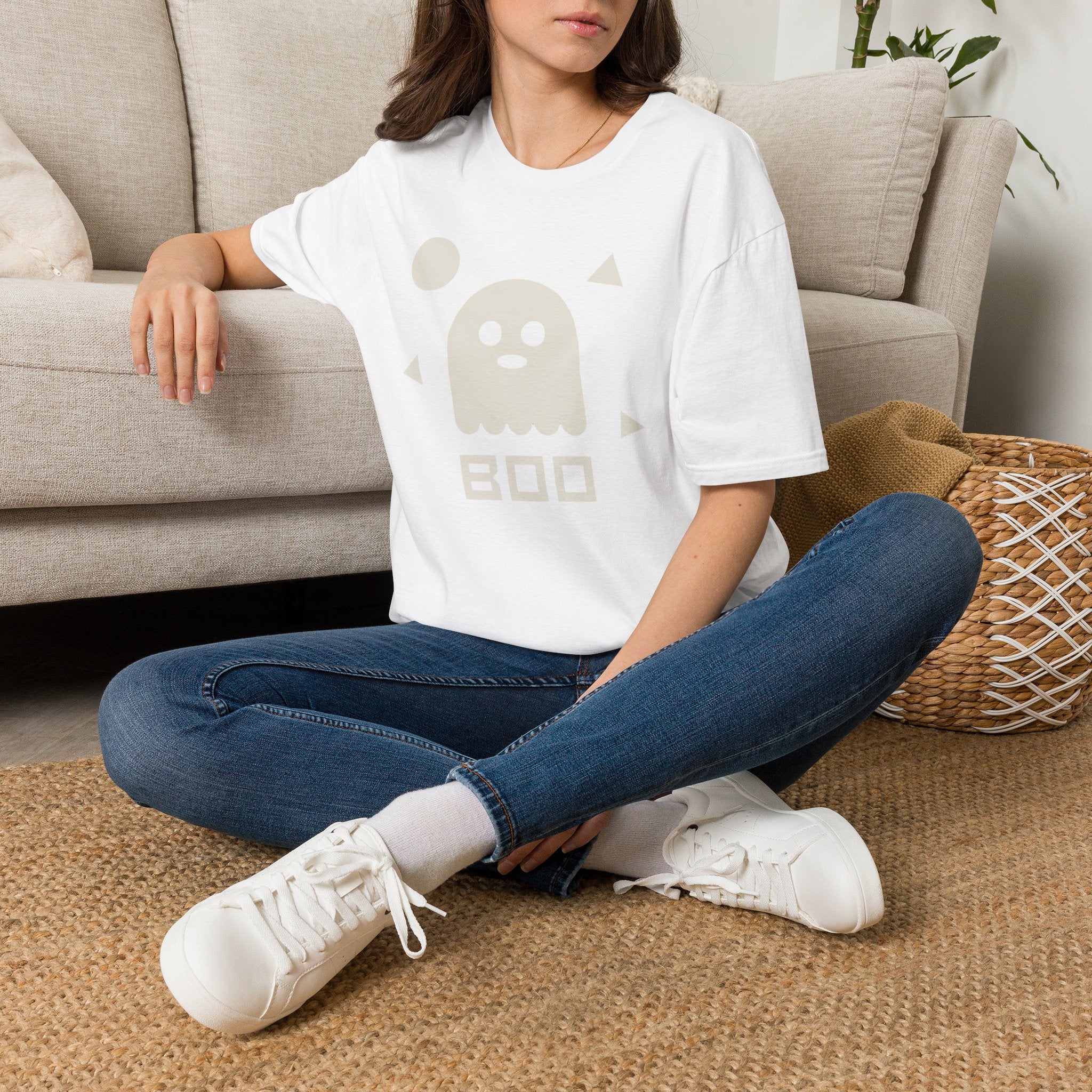 White Halloween ghost graphic T-shirt with BOO lettering
