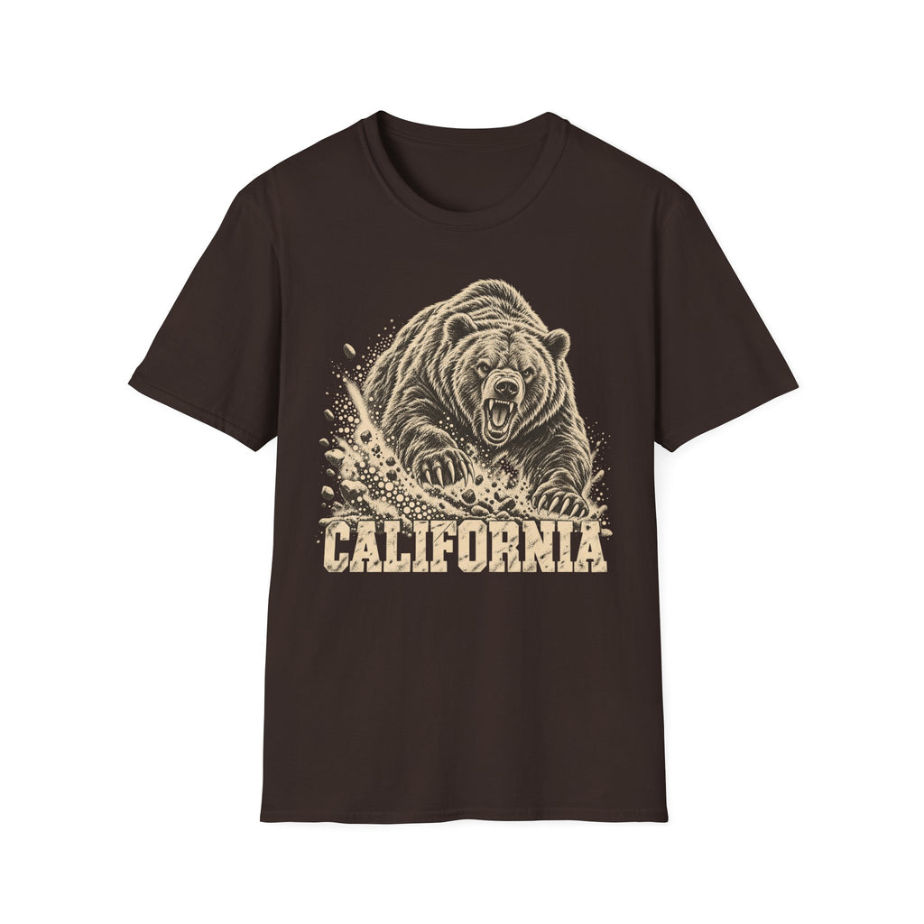Dark brown bear graphic t-shirt with vintage California wordmark and roaring bear print