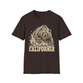Dark brown bear graphic t-shirt with vintage California wordmark and roaring bear print