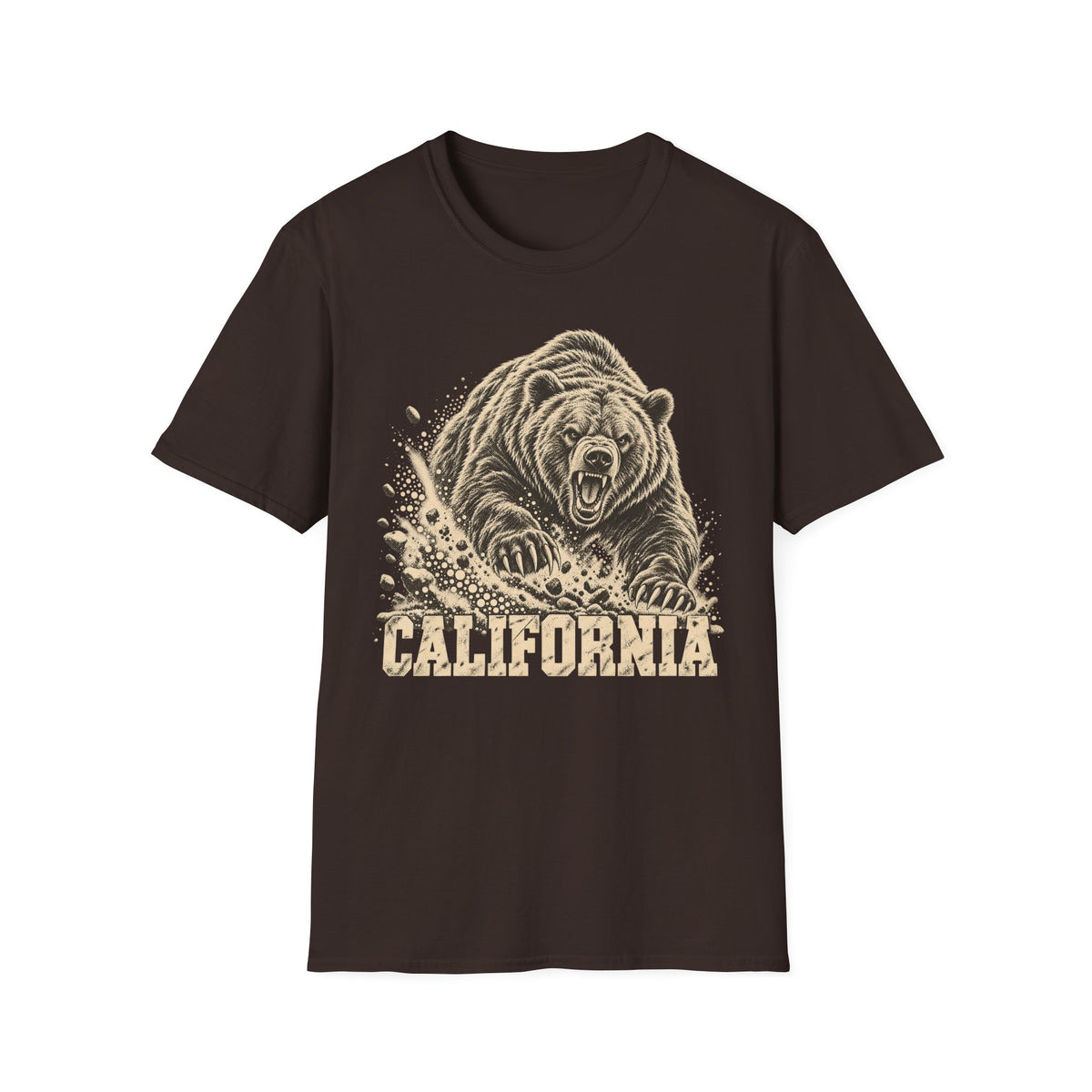 Dark brown bear graphic t-shirt with vintage California wordmark and roaring bear print