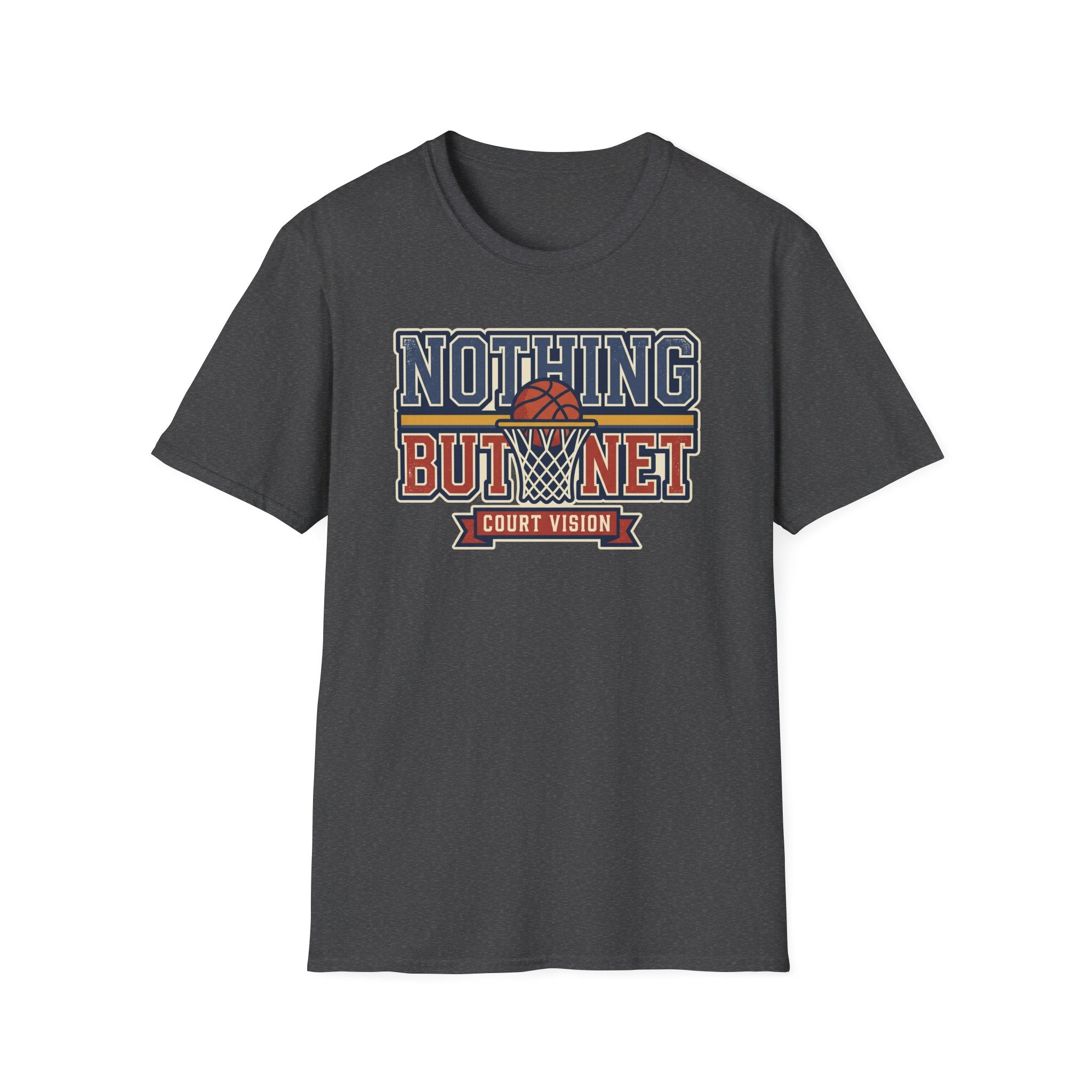 Dark gray crewneck T-shirt with retro court vision graphic print