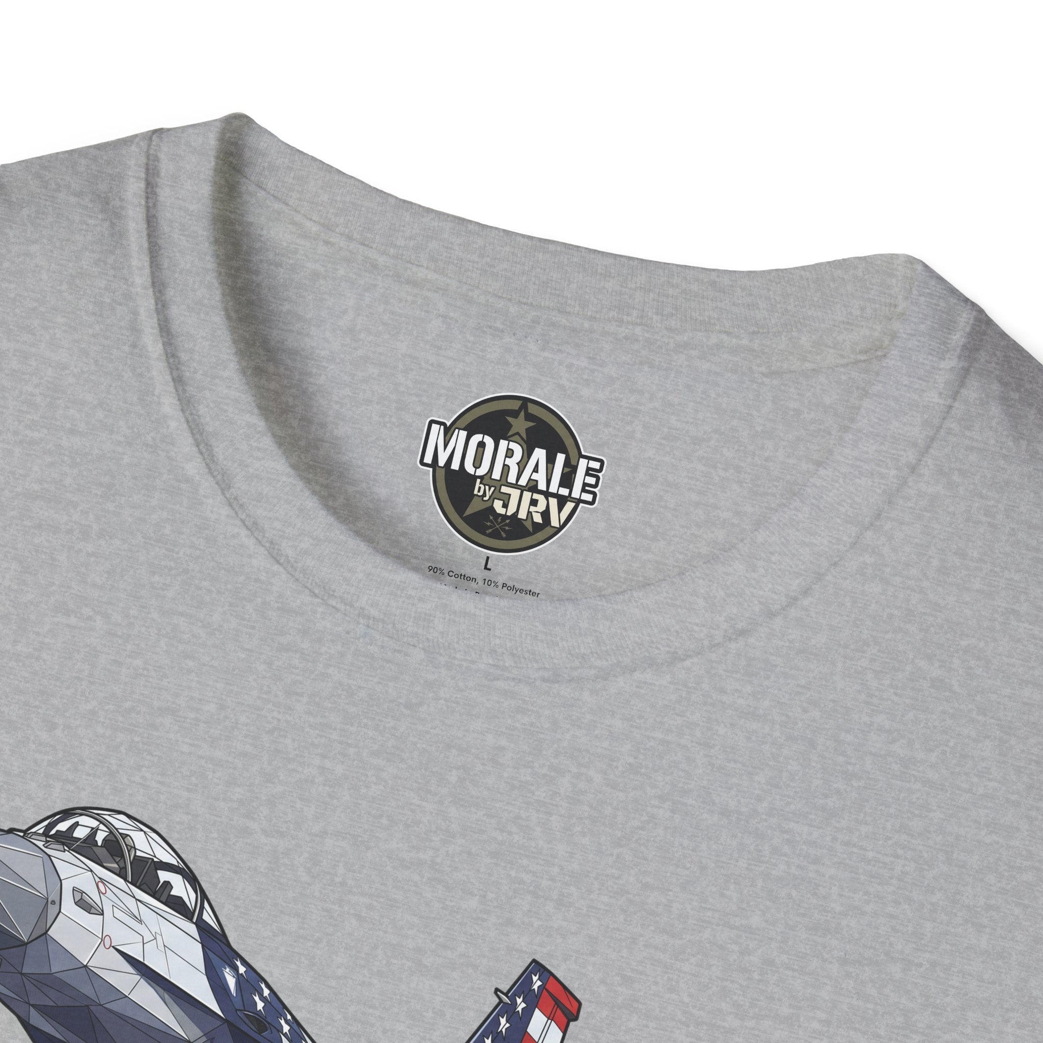 F-16 T-shirt neckline close-up with logo on sport grey shirt