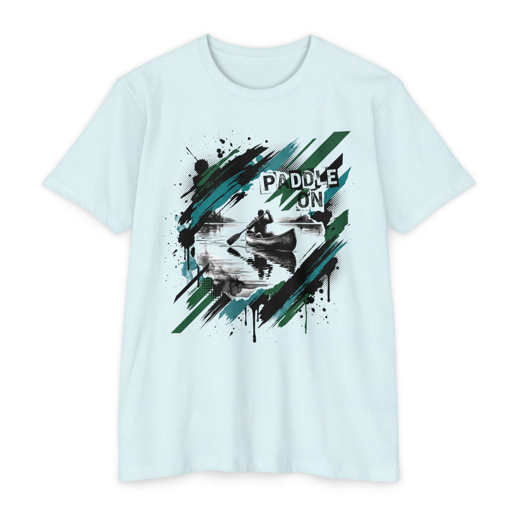 Light blue T-shirt with front kayaking graphic reading “PADDLE ON”