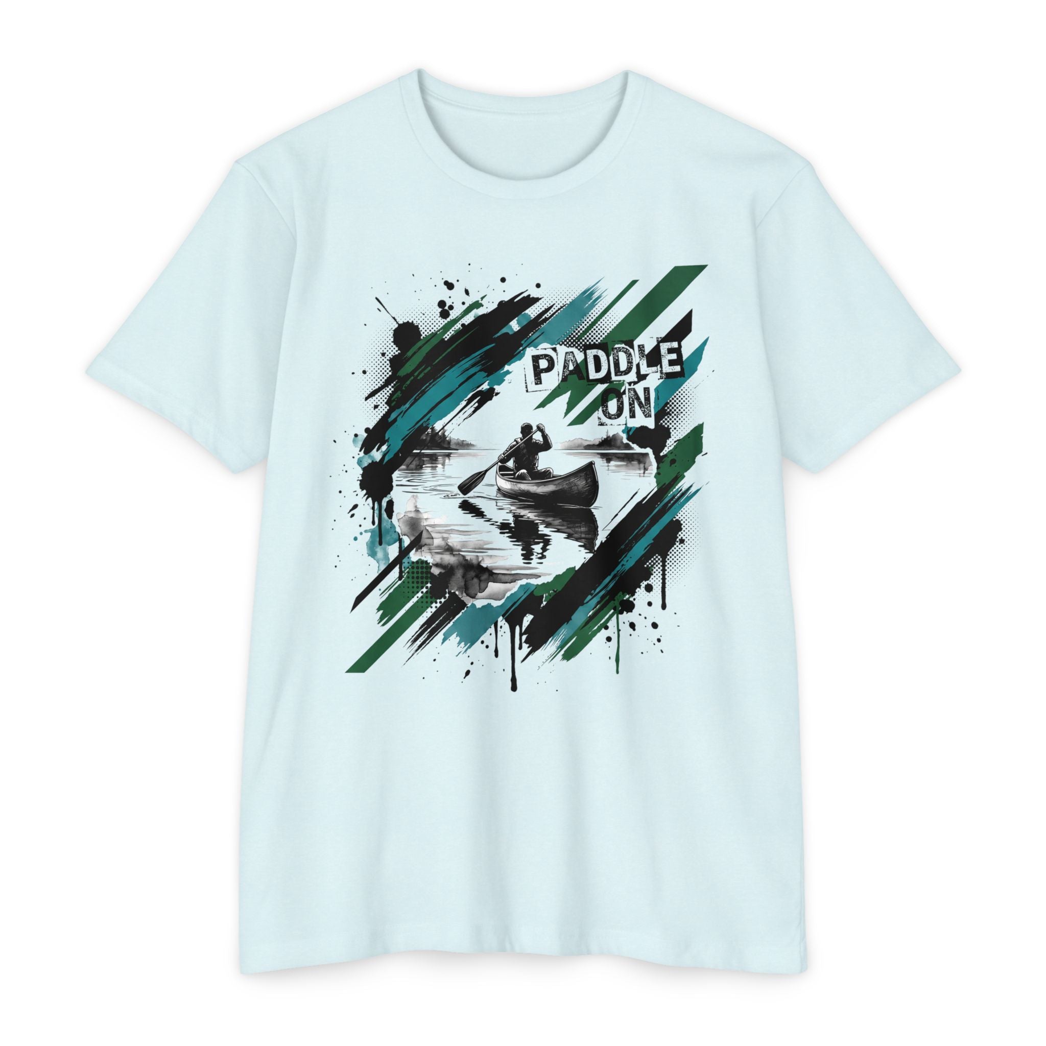 Light blue T-shirt with front kayaking graphic reading “PADDLE ON”