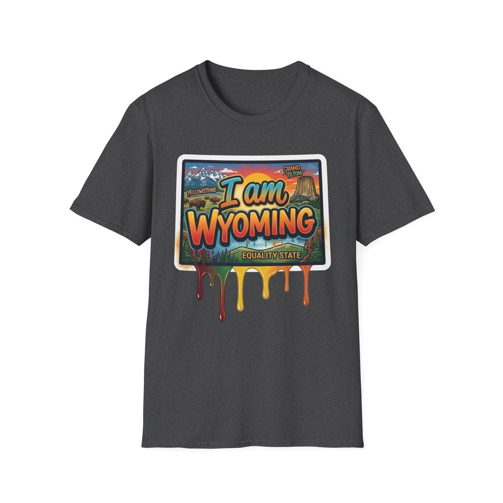Graphite heather T-shirt with colorful "I am Wyoming" postcard-style graphic and drips