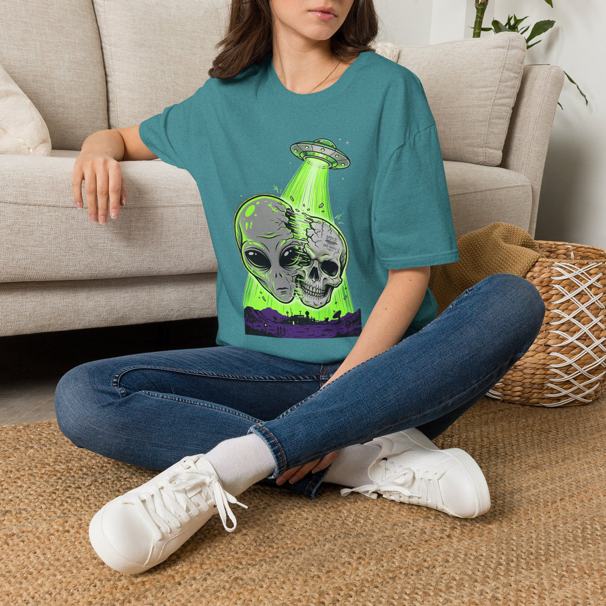 Heather Galapagos Blue crewneck t-shirt with neon alien skull UFO graphic