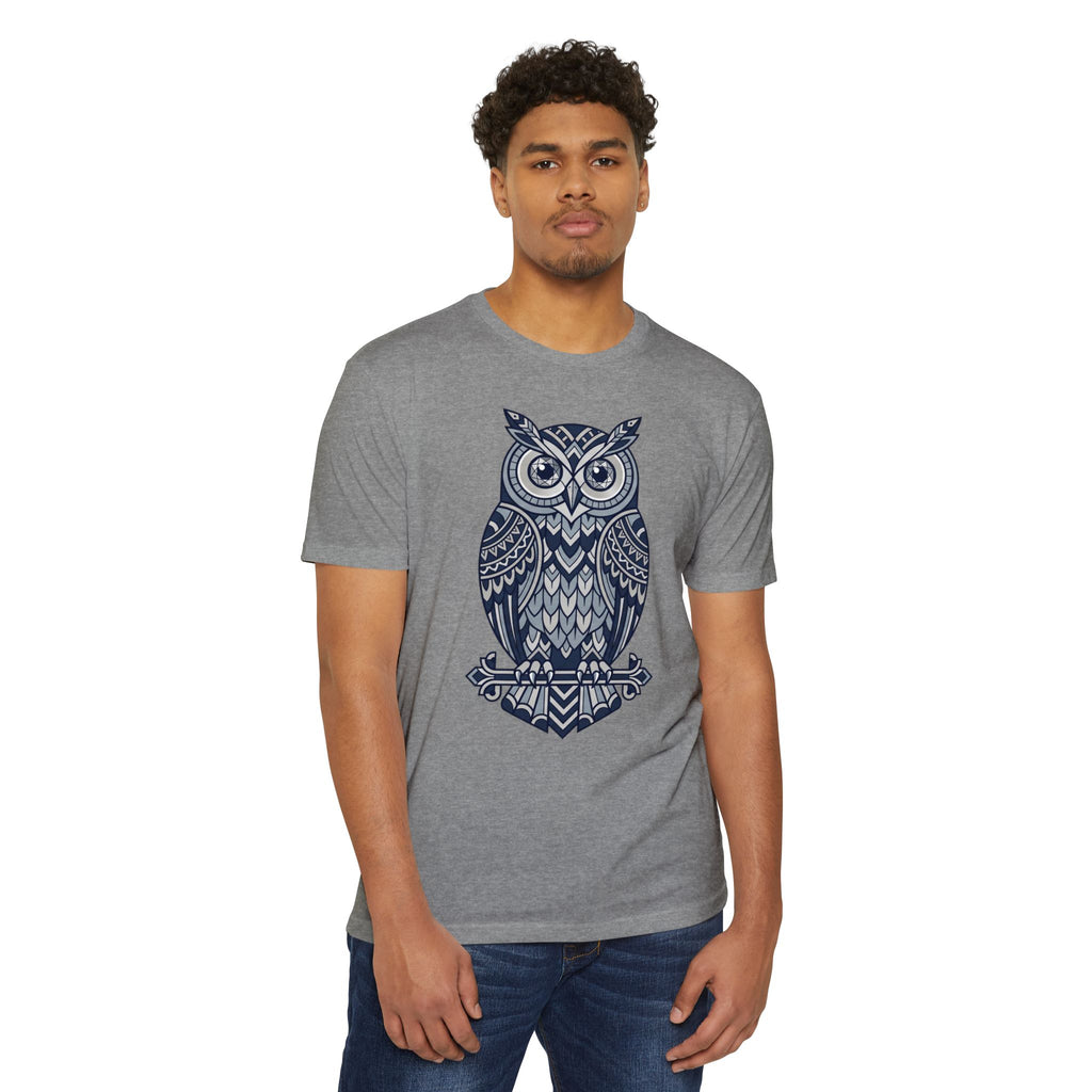 Heather gray crewneck T-shirt with blue owl graphic on chest