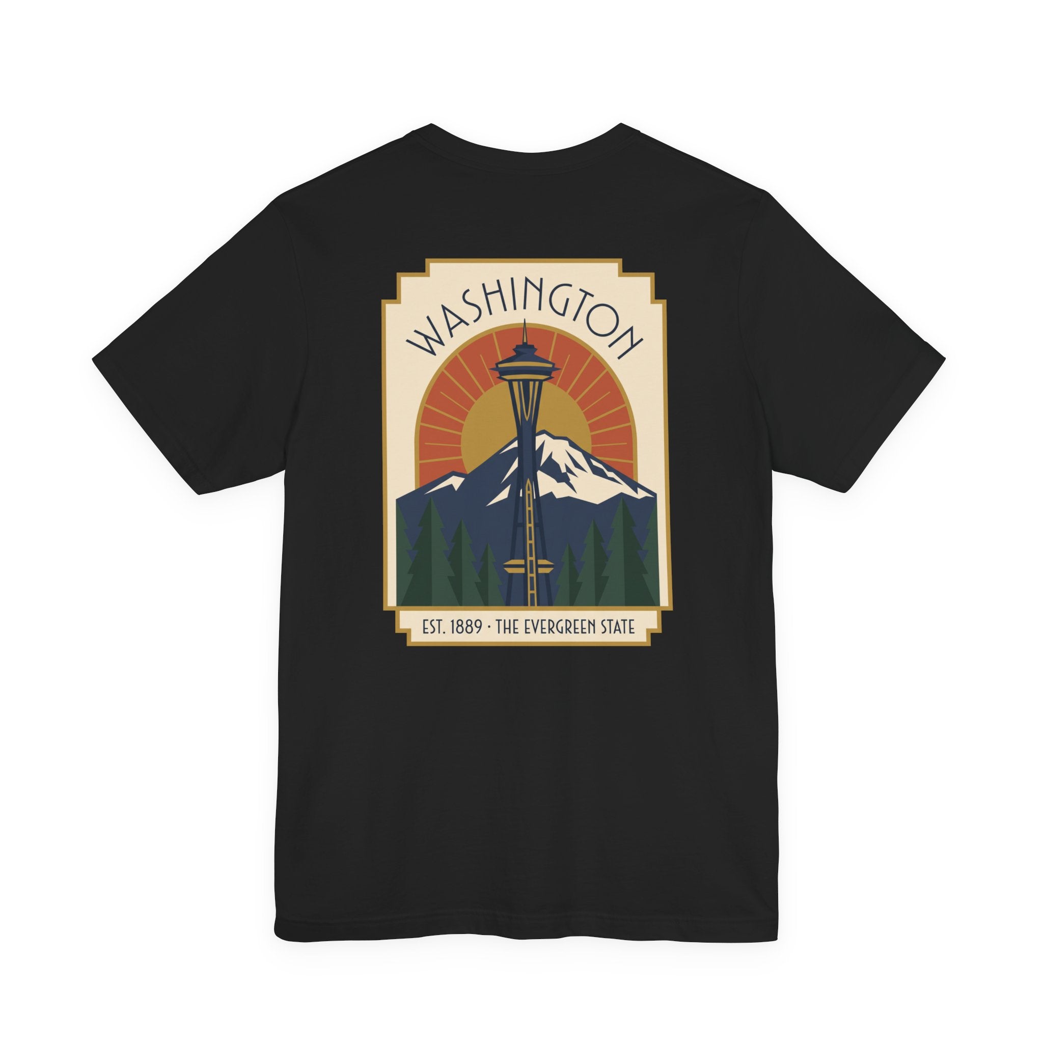 Black t-shirt with Washington Space Needle art deco graphic on front