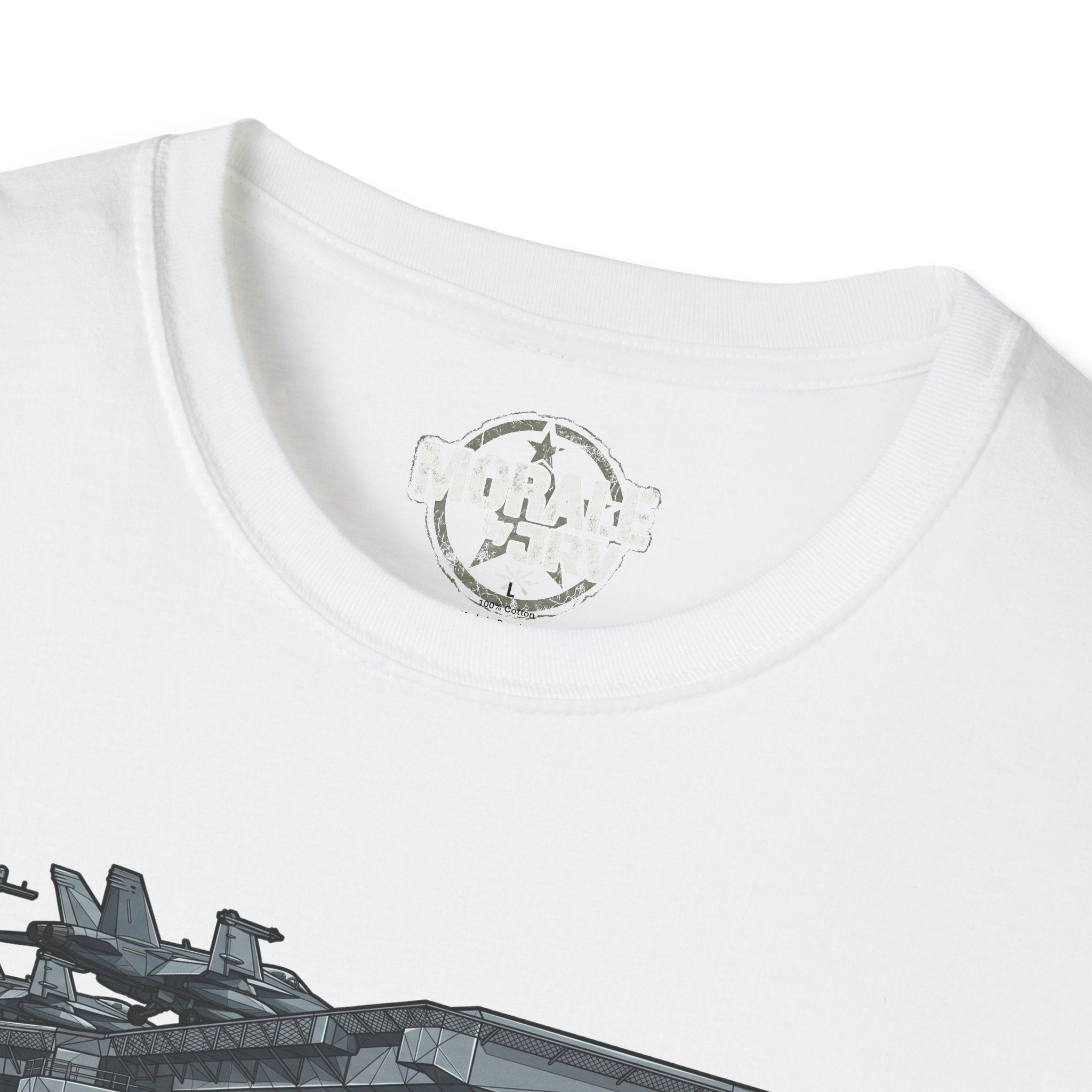 White T-shirt neckline with circular “MORALE T&RY” logo