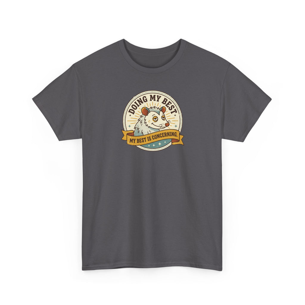 Sloth graphic T-shirt in charcoal with a round slogan badge and sloth illustration on the chest
