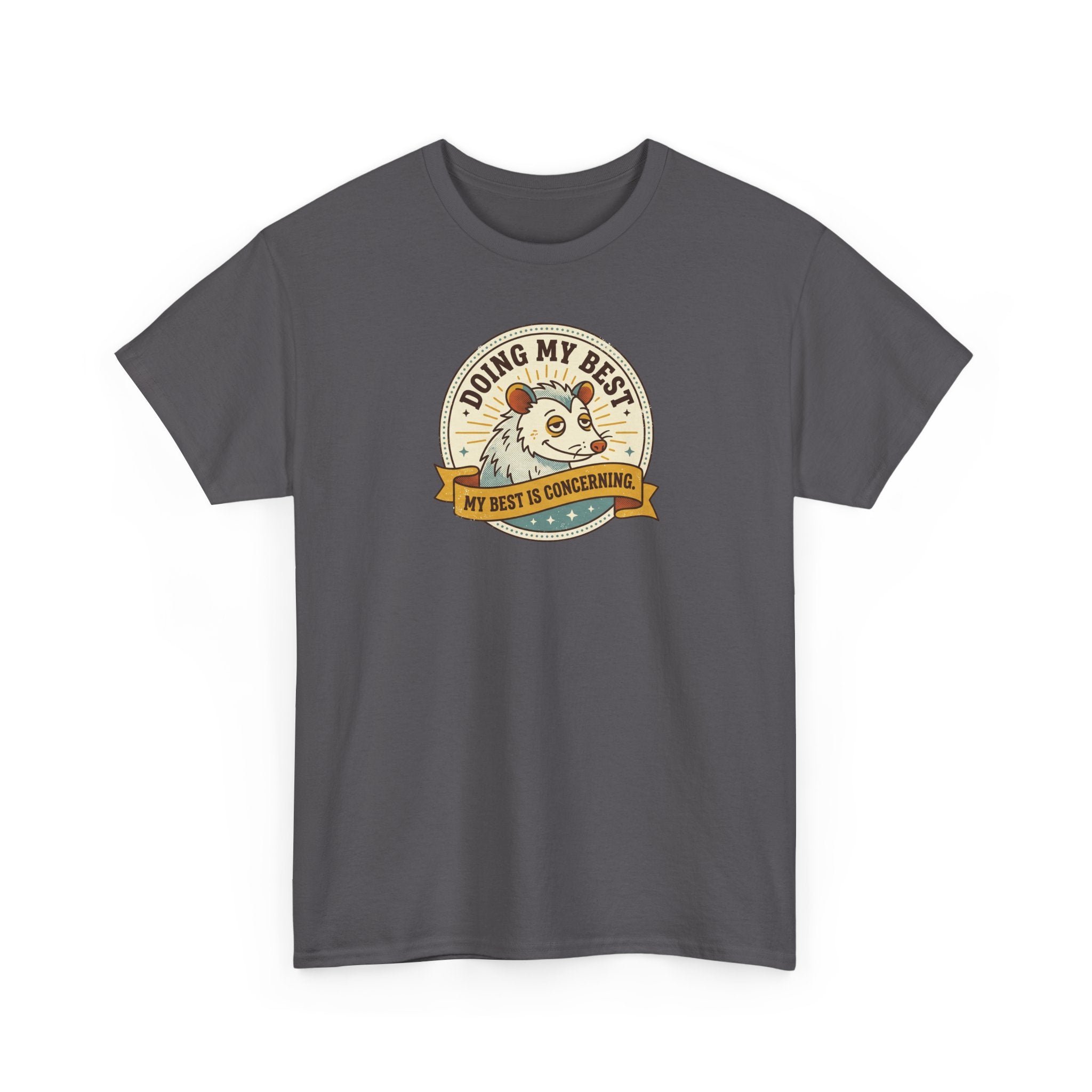 Sloth graphic T-shirt in charcoal with a round slogan badge and sloth illustration on the chest