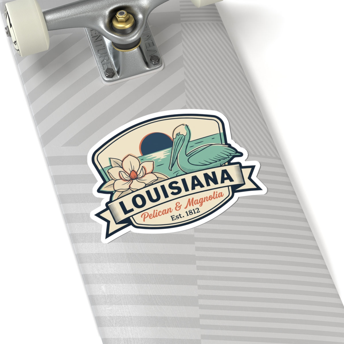 Louisiana vintage sticker decal featuring a pelican and magnolia with ribbon banner and “Est. 1812”.