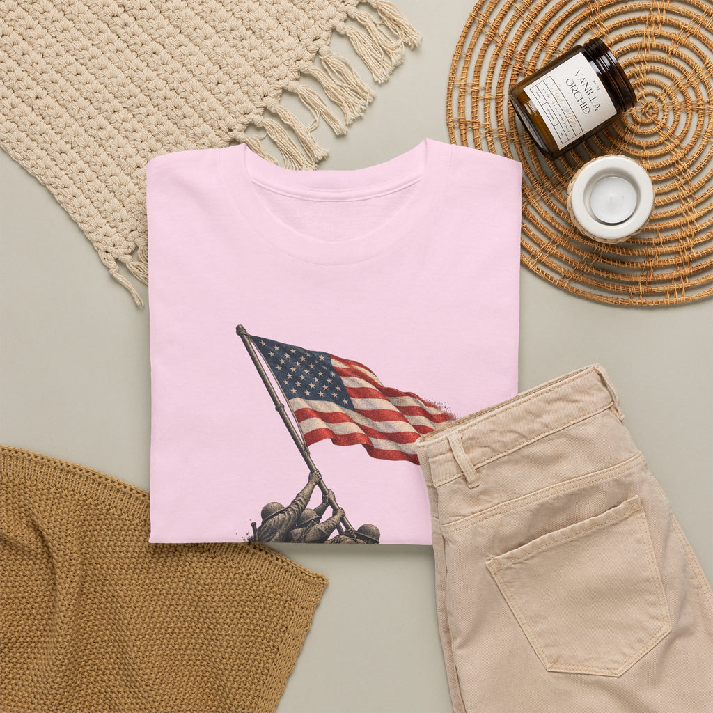 Light pink crew-neck T-shirt featuring a flag-raising graphic