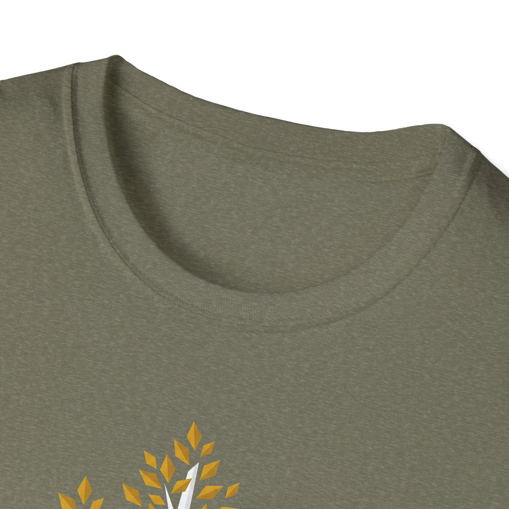 Olive green T-shirt close-up: neckline with partial birch leaves graphic