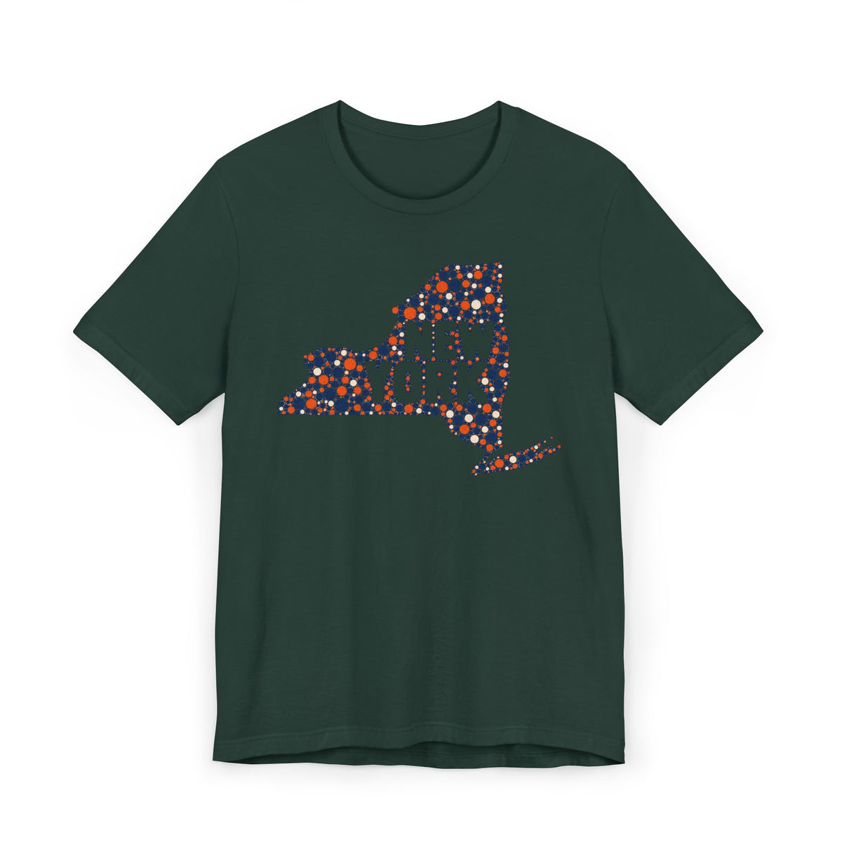 Dark green short-sleeve t-shirt with colorful New York state outline graphic