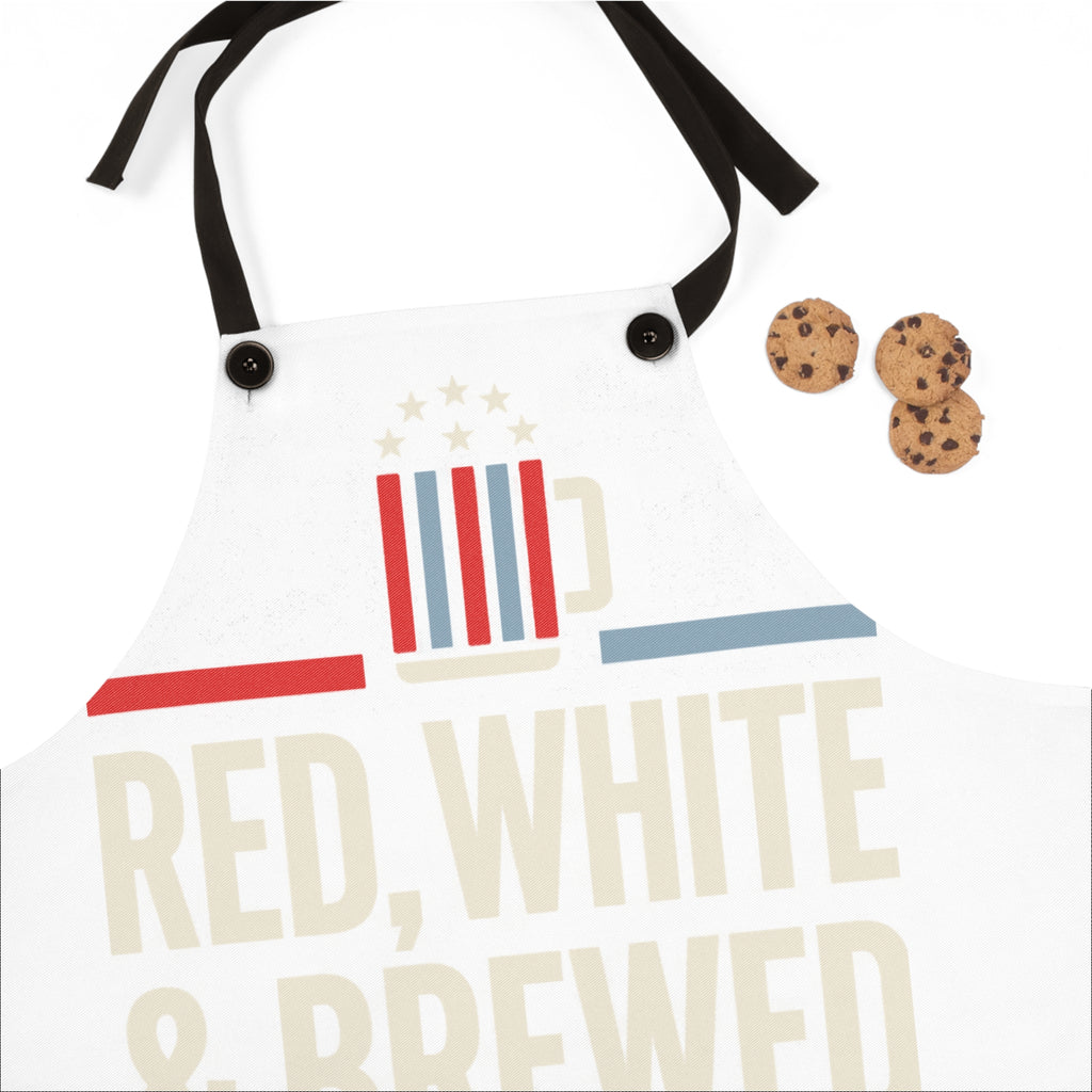 White apron front with beer mug graphic, star accents, and "Red, White & Brewed" text