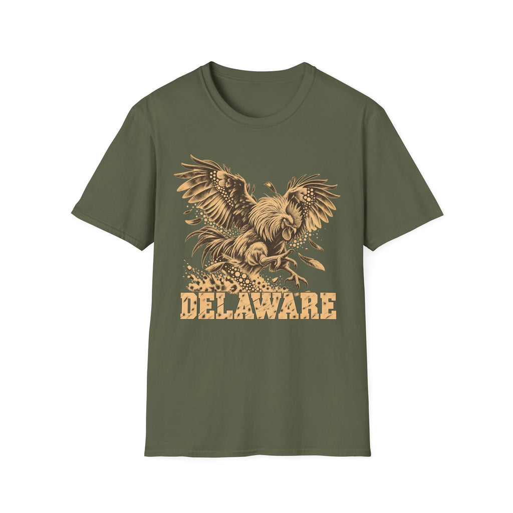 Olive green t-shirt with golden soaring eagle and DELAWARE front graphic