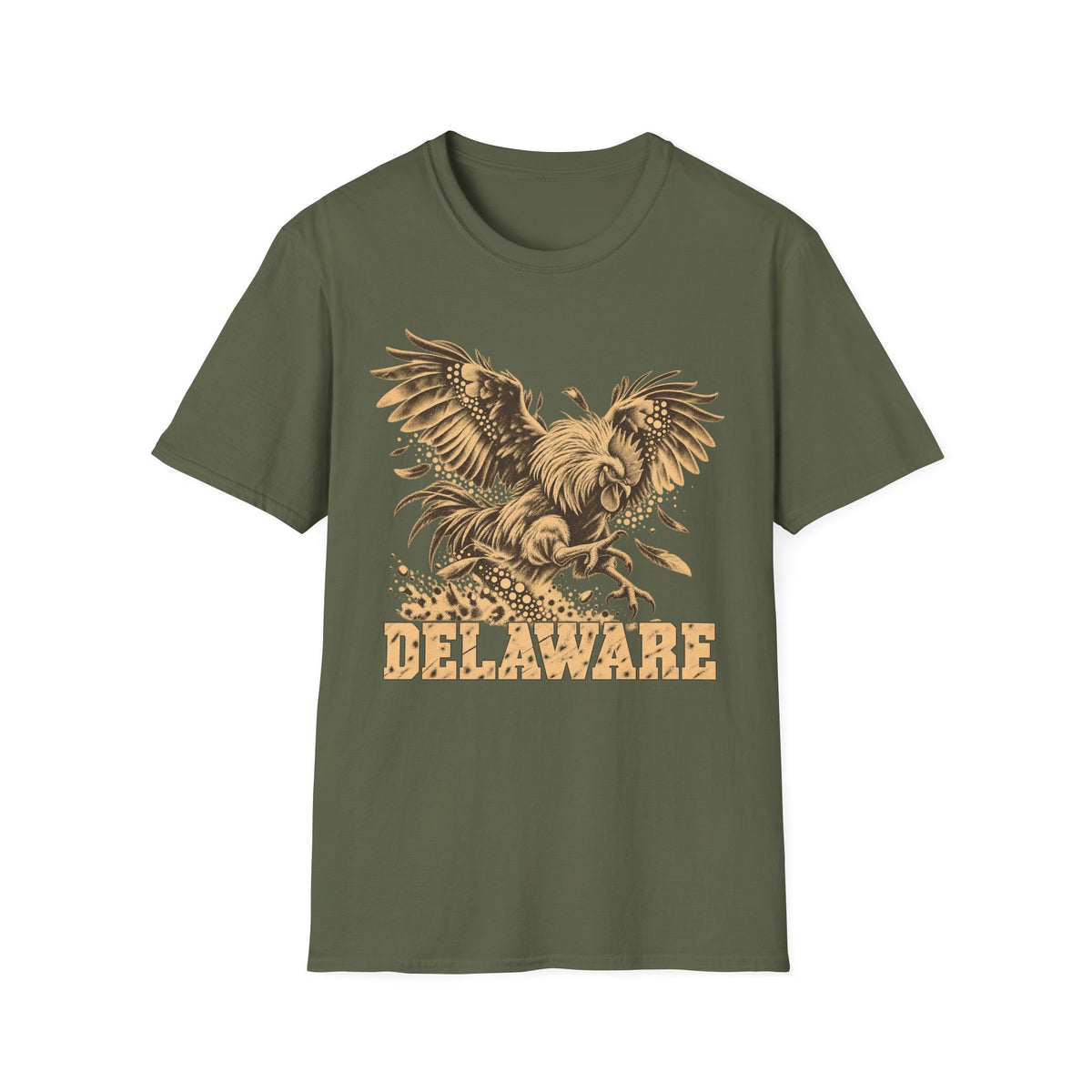 Olive green t-shirt with golden soaring eagle and DELAWARE front graphic
