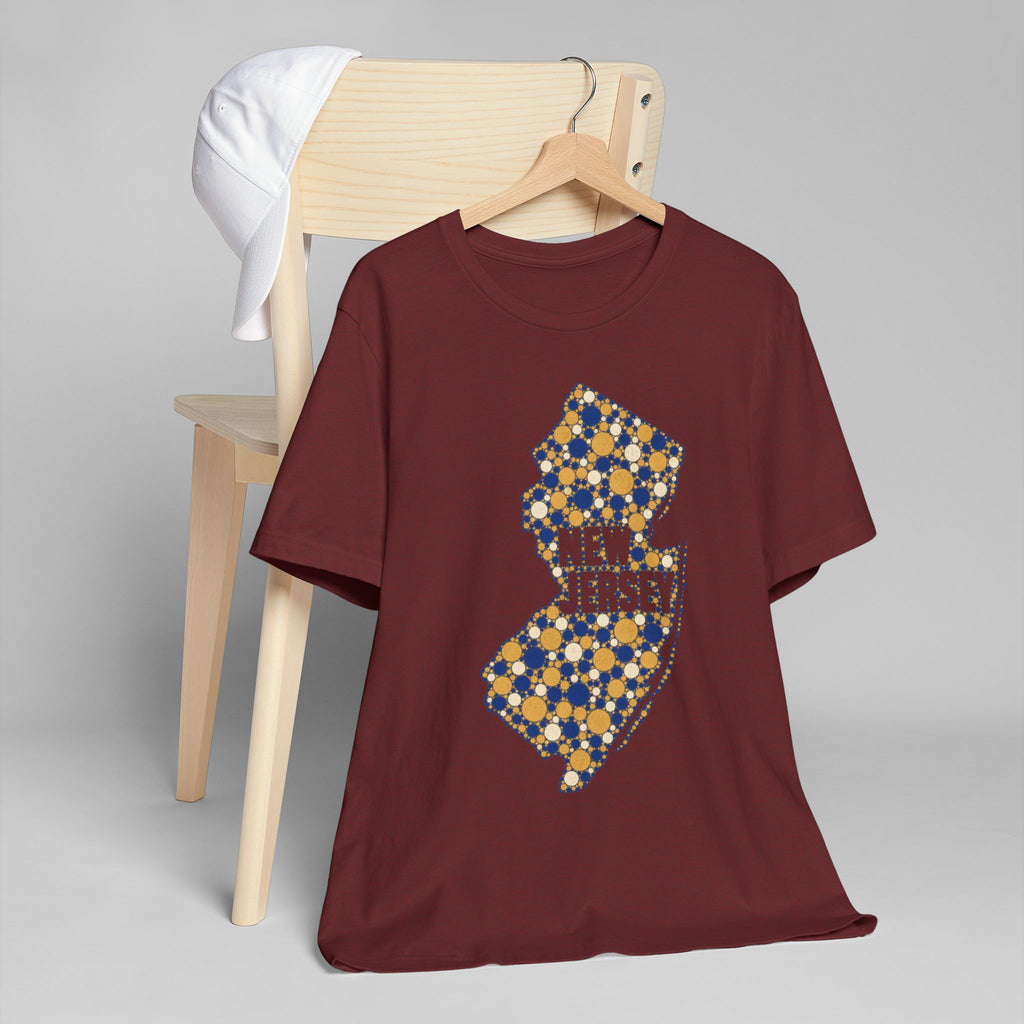 Maroon crew-neck t-shirt with colorful New Jersey floral map outline graphic