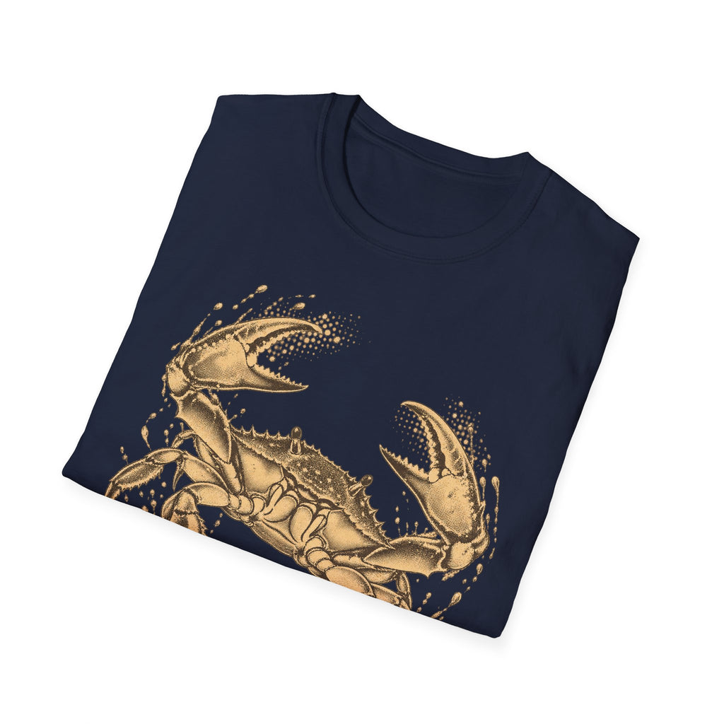 Navy T-shirt with vintage gold crab and fish graphic on front