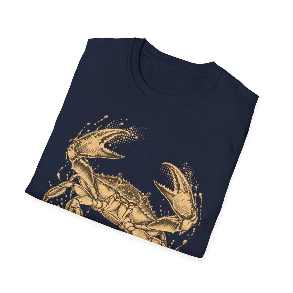 Navy T-shirt with vintage gold crab and fish graphic on front