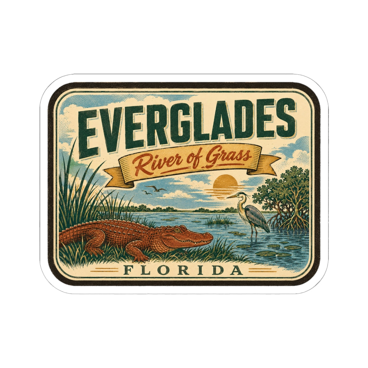 Everglades River of Grass Florida travel sticker with alligator scene and gold banner.