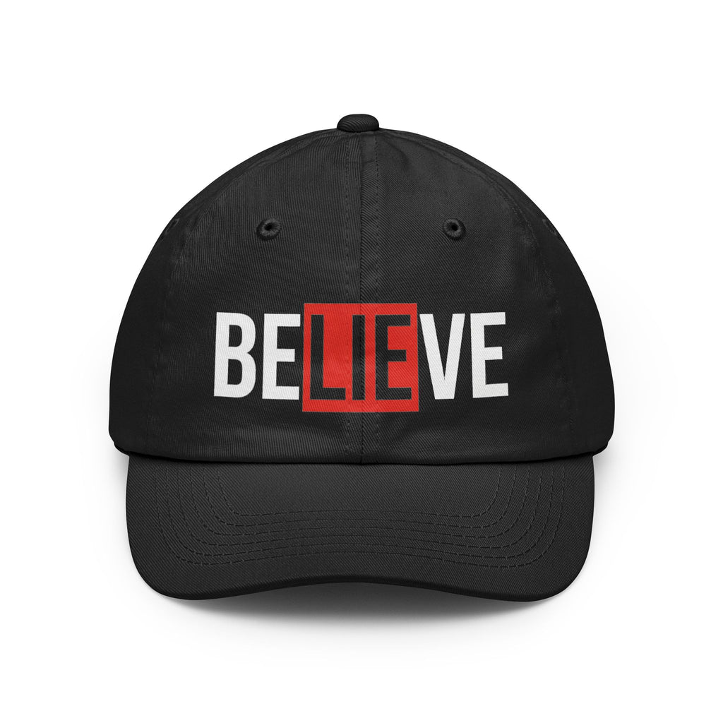Black dad hat with embroidered “BELIEVE” design in white and red center box