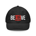 Black dad hat with embroidered “BELIEVE” design in white and red center box