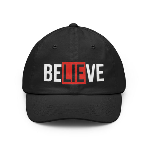 Black dad hat with embroidered “BELIEVE” design in white and red center box