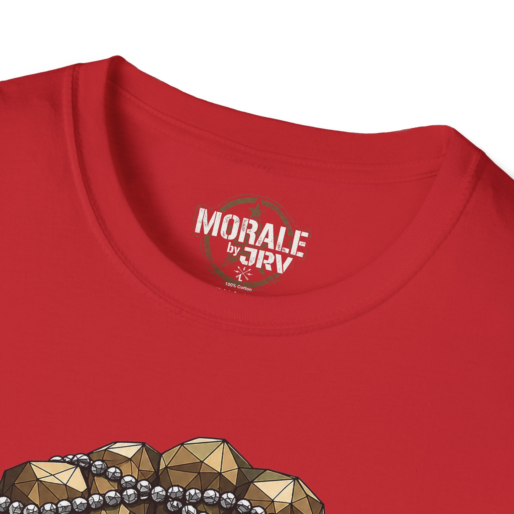 Red tee: 'Morale TRV' logo at collar with top of dog-tag graphic
