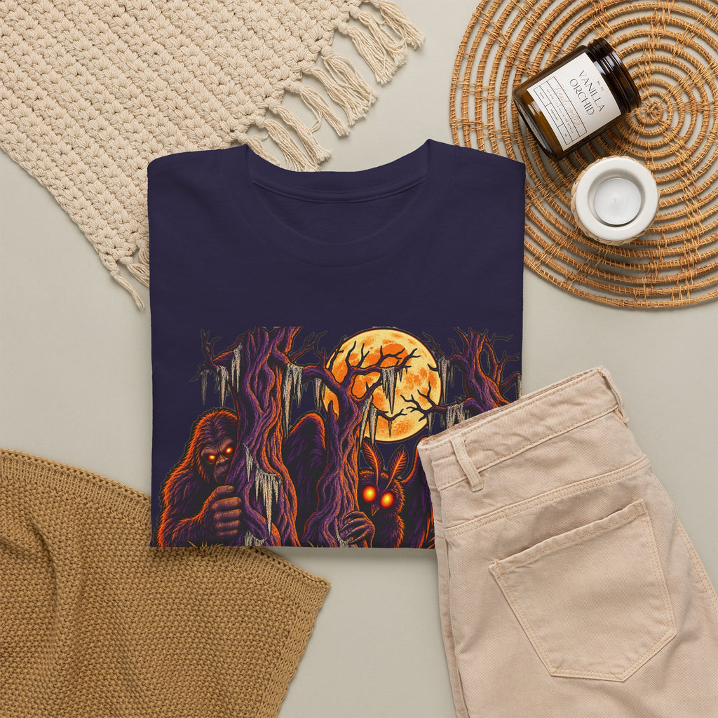 Purple crewneck t-shirt with monster hand and orange moon graphic on front