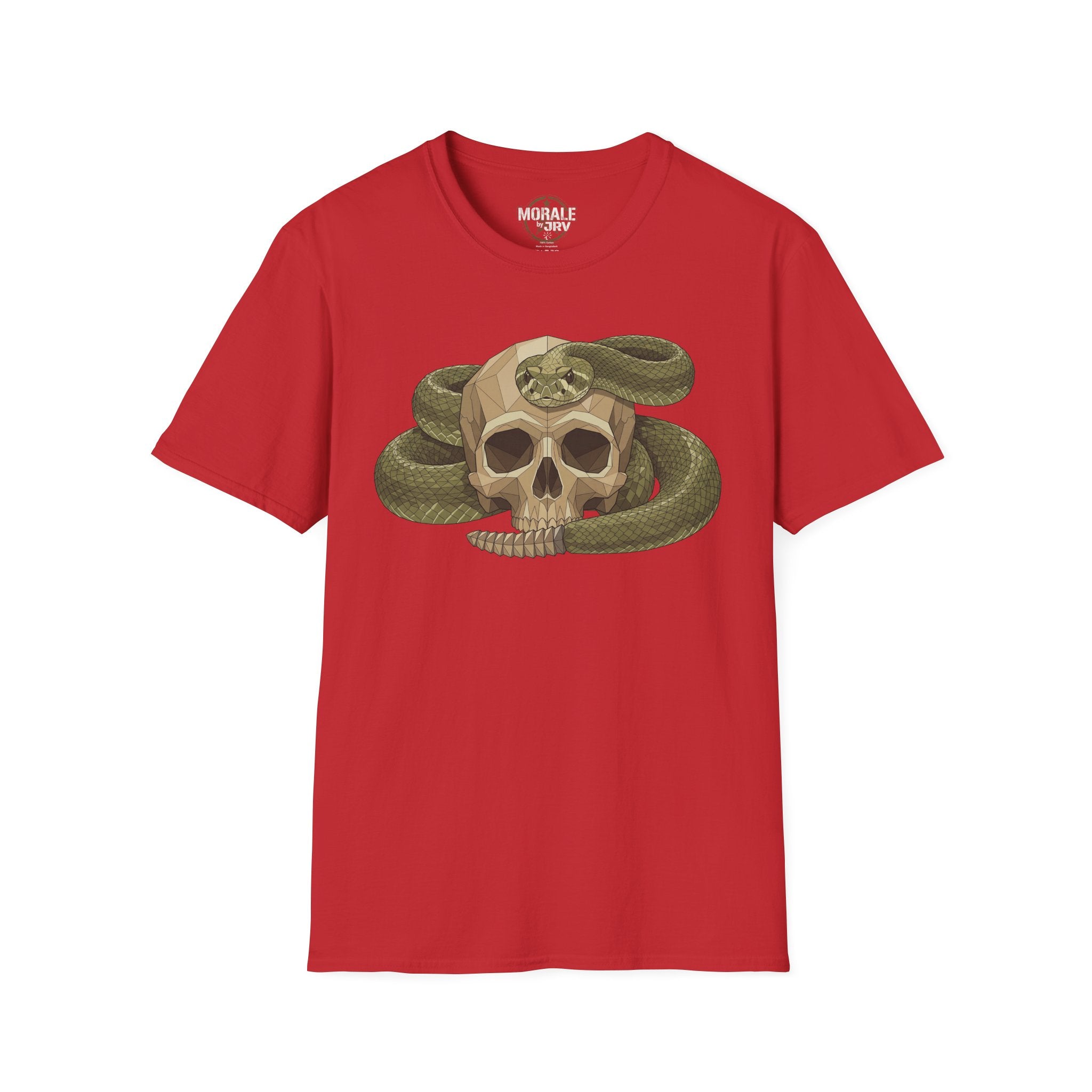 Camiseta roja con calavera de serpiente verde envuelta y estampado botánico vintage