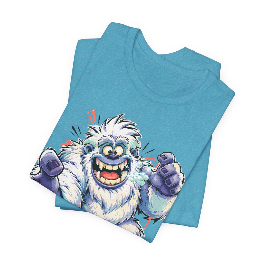 Teal heather T-shirt with cartoon yeti monster graphic, fists raised