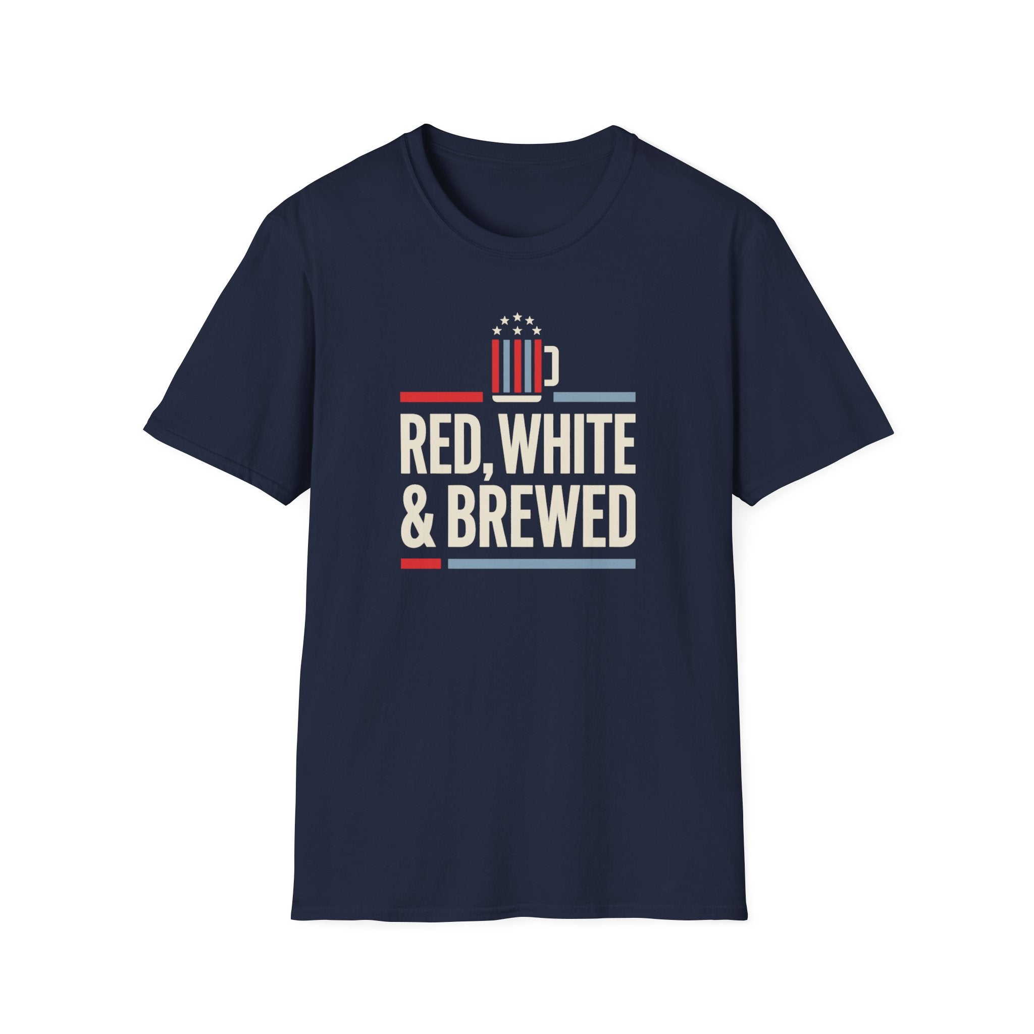 Navy T-shirt with "RED, WHITE & BREWED" beer graphic