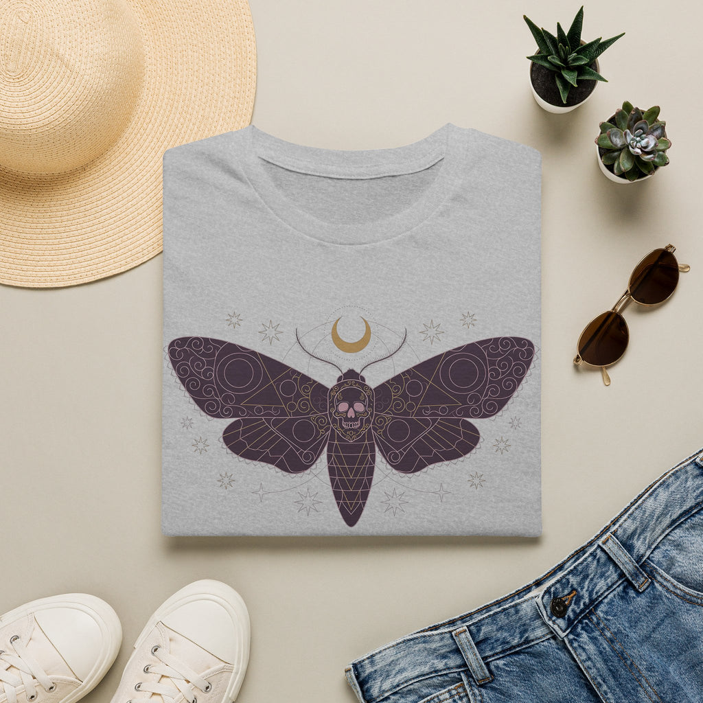 Light gray moth skull graphic T-shirt with crescent moon and snowflake print
