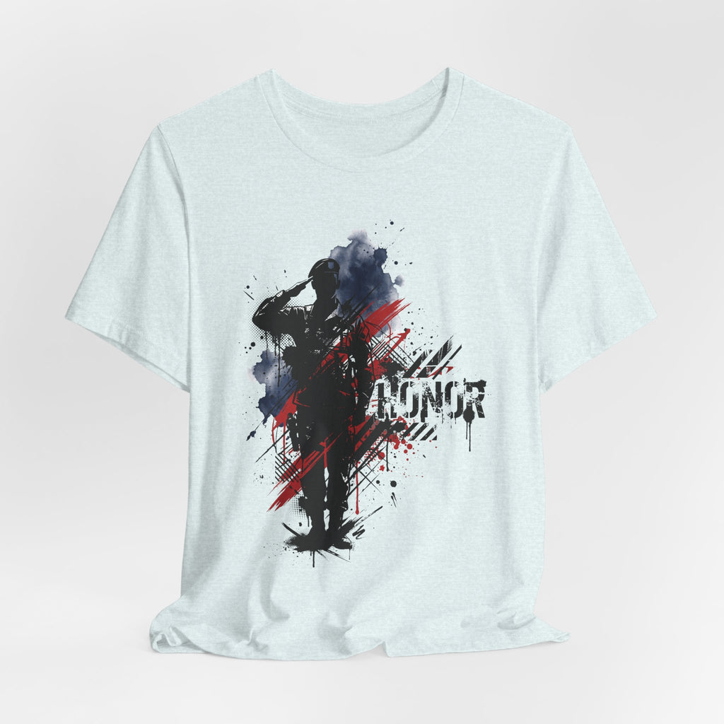 Light blue heather T-shirt, front view, soldier silhouette graphic with red-blue splatter